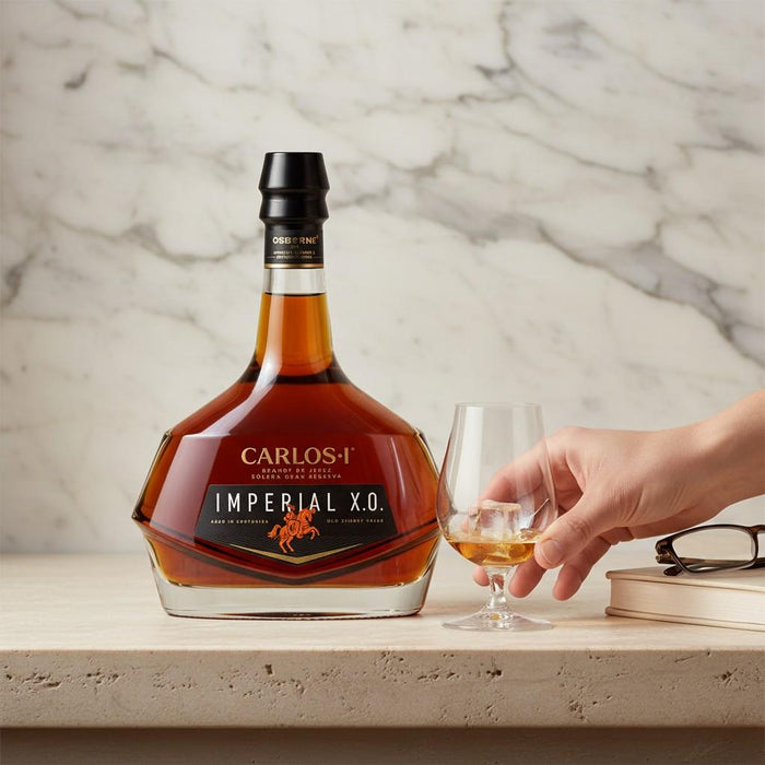Carlos I Imperial Gran Reserva XO Brandy De Jerez In Glass Over Ice