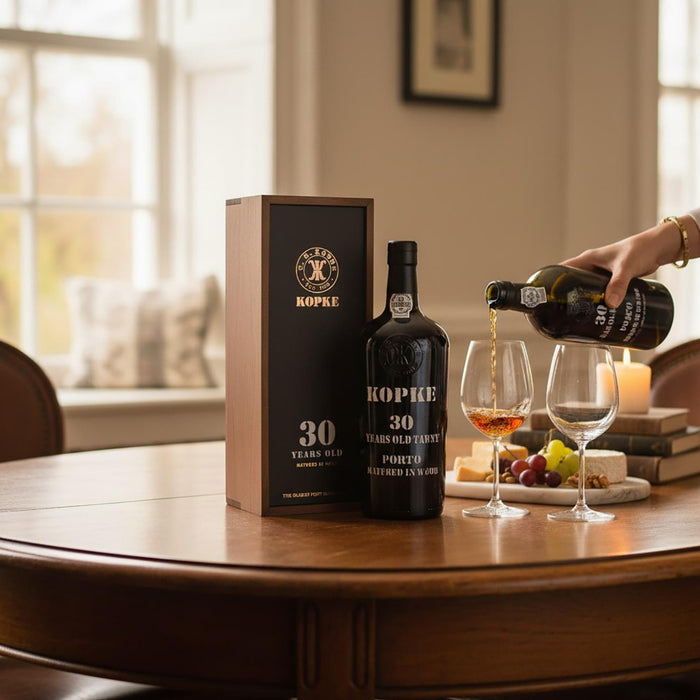 Kopke 30 Year Old Tawny Port In Wooden Gift Box With Two Glasses