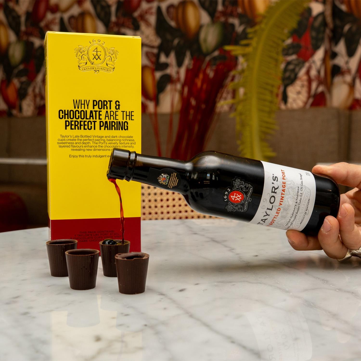 Pouring Taylors Port Into Vinte Vinte Chocolate Cups