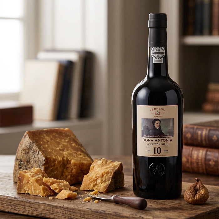 A bottle of Don Antonia 10 Year Port wine stands on a wooden board beside a large wedge of hard cheese, cheese pieces, a small knife, and a fig, with a softly blurred interior background of books and a window.
