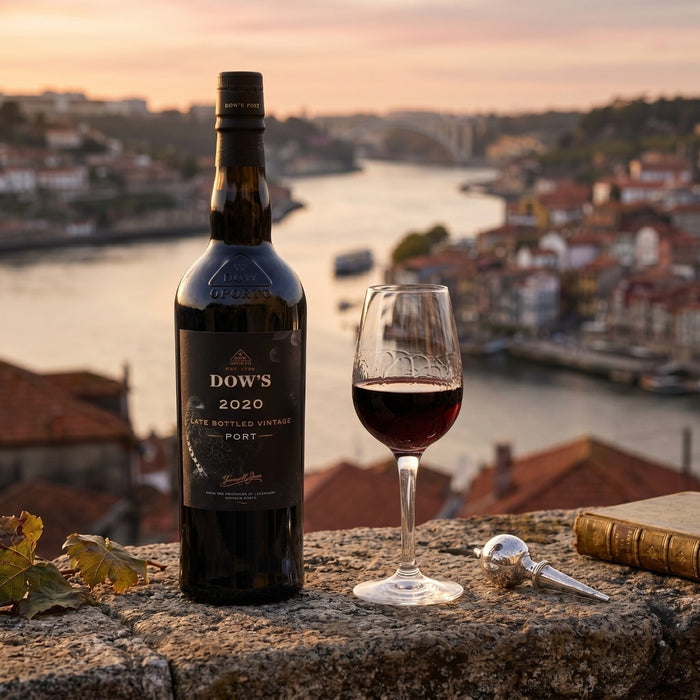 Bottle of Dow's 2020 Port wine with a glass on a ledge overlooking a river and cityscape.
