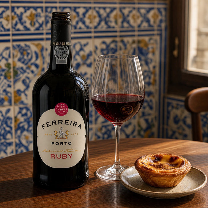 A bottle of Ferreira Porto Ruby Port stands on a wooden table beside a filled wine glass and a small pastry, with blue-and-gold tiled wall panels in the background.
