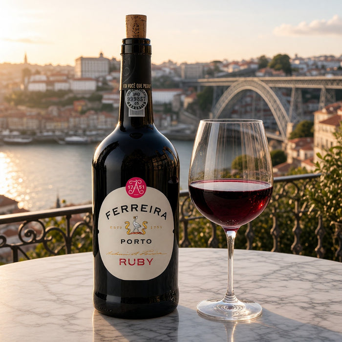 A bottle of Ferreira Porto Ruby stands on a marble table beside a filled wine glass, with a scenic river and bridge backdrop at sunset.