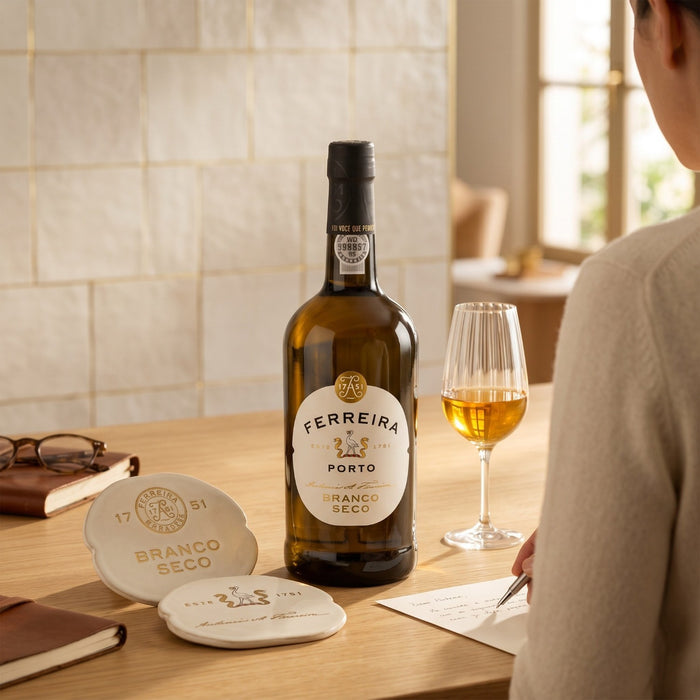 Bottle of Ferreira Branco Seco Porto with a glass on a table, person sitting next to it.