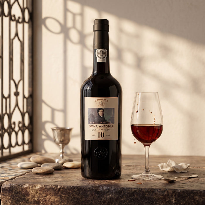 A bottle of Duna Antonia 10 year old tawny port stands on a rustic stone surface beside a filled port glass, with a small metal cup, cloth, and decorative stones in a warm sunlit setting.