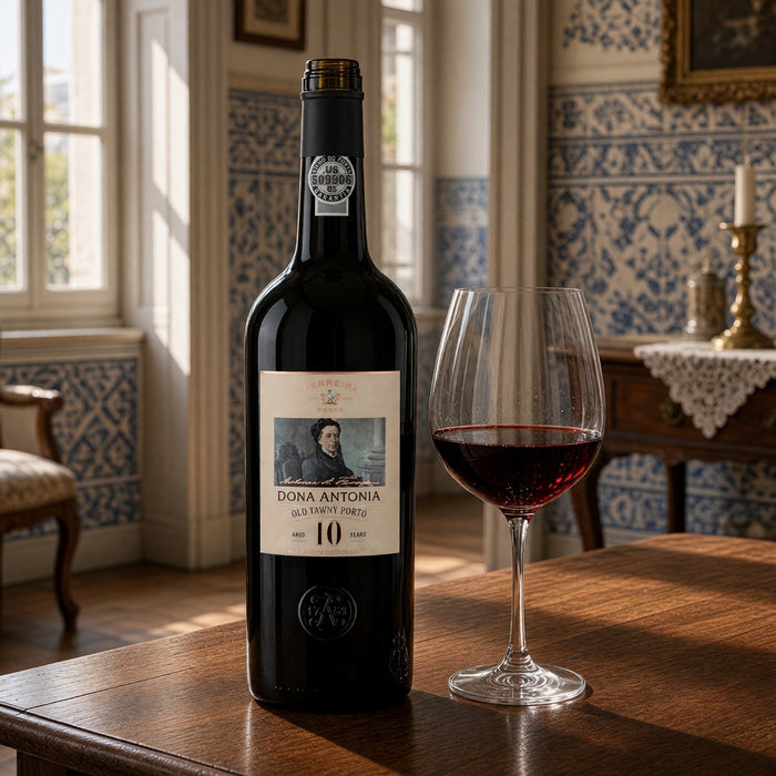 A bottle of Dona Antonia Tawny Port stands on a wooden table beside a filled wine glass, set in a sunlit room with blue-and-white patterned walls and windows.