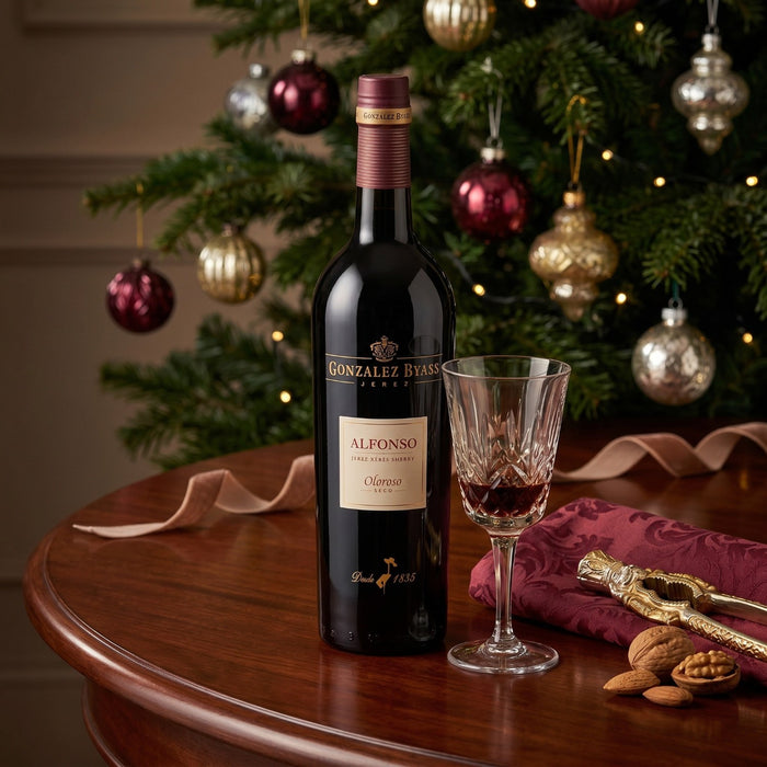 Gonzalez Byass Alfonso Oloroso Seco Sherry next to a Christmas tree.