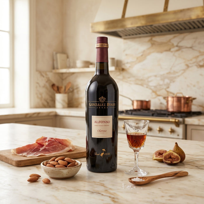 Gonzalez Byass Alfonso Oloroso Seco Sherry with tapas in the kitchen.