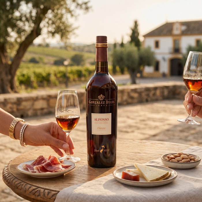 A bottle of Gonzalez Byass Alfonso sherry is set on a rustic outdoor table with two wine glasses, hands holding them, and plates of cured ham, cheese, and nuts, with a vineyard.