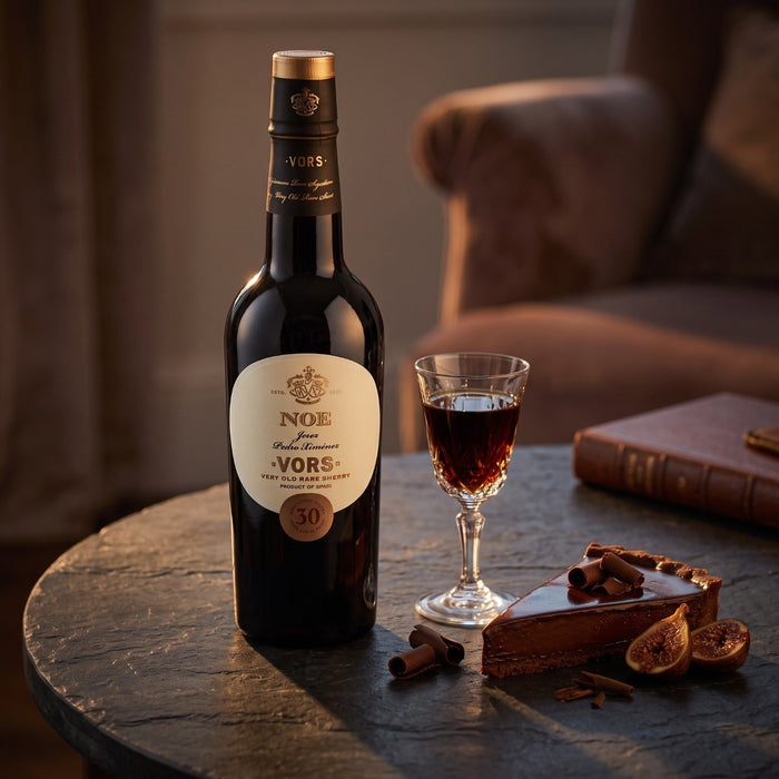 A bottle of Vors Noé 30 Year Old  Sherry stands on a round stone table beside a filled wine glass, a slice of chocolate cake with figs and cinnamon, and a leather-bound book in a warm, softly blurred interior setting.
