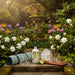 Grahams picnic set with bottle of port, glasses, picnic rug and chopping board in a flower garden