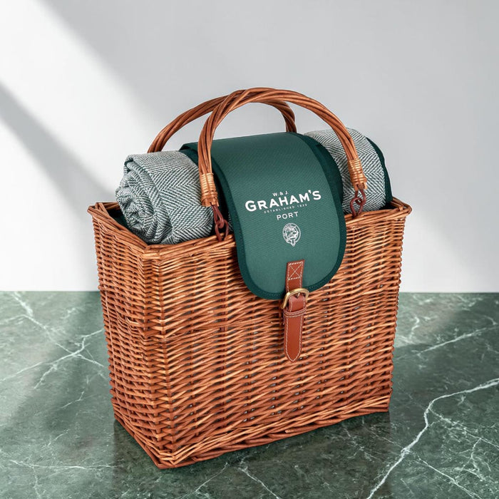 Grahams picnic hamper set on a green marble counter and grey backdrop