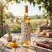 A bottle of Tavern Mead honey wine stands on a rustic wooden table outdoors, surrounded by a glass of the golden liquid, a honey dipper, lavender flowers, and bread. The background shows a sunlit vineyard and beehives.