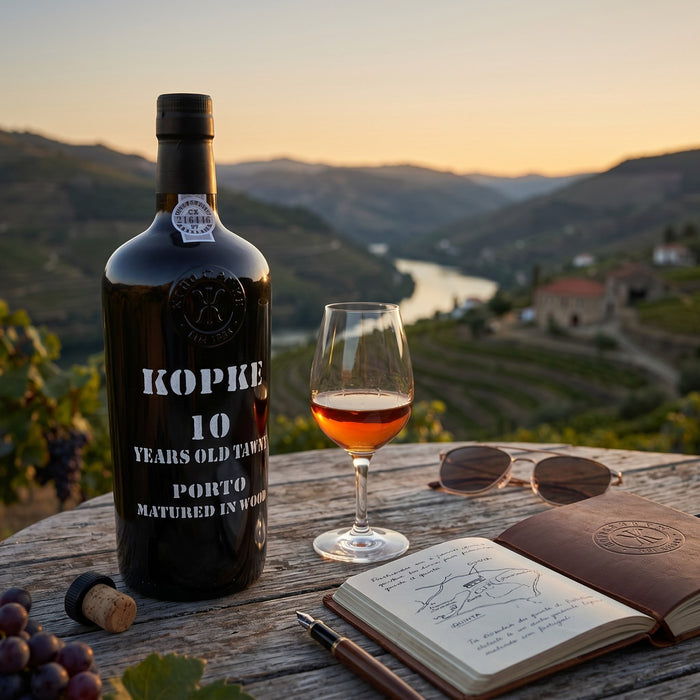 Kopke 10 Year Old Tawny Porto bottle with a glass of wine on a wooden table with a scenic background.