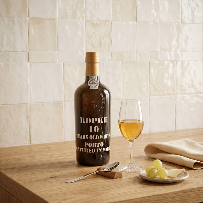 Kopke 10 years white porto bottle with a glass of wine on a wooden table.