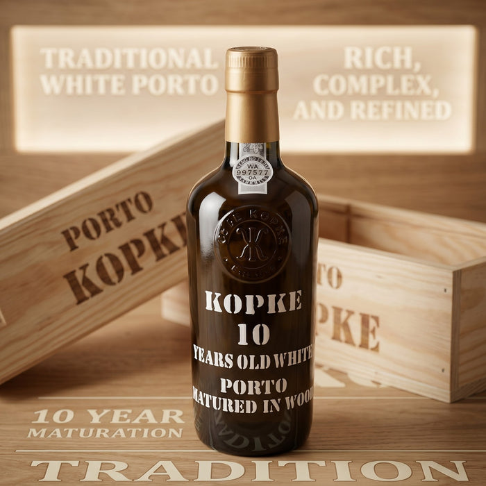 Bottle of Kopke 10 Year Old White Porto in a wooden crate with branding and text.