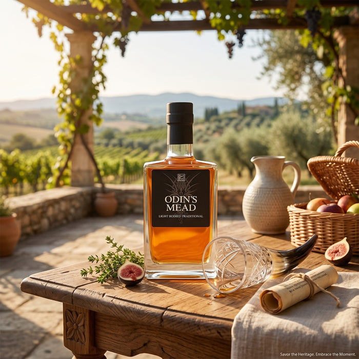 A bottle of Odin's Mead stands on a rustic wooden table in an outdoor vineyard setting. The amber liquid inside the clear bottle is framed by a black label with white text.