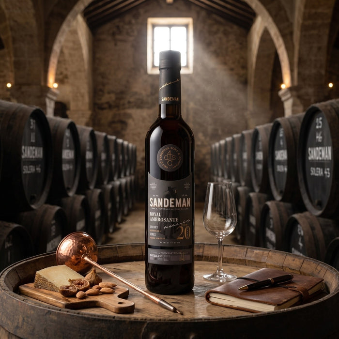 A bottle of Sandeman Royal Ambrosante Pedro Ximenez 20 Year Old Sherry stands on a wooden barrel in a stone whisky cellar, surrounded by a wine glass, cheese, nuts, and a leather journal.