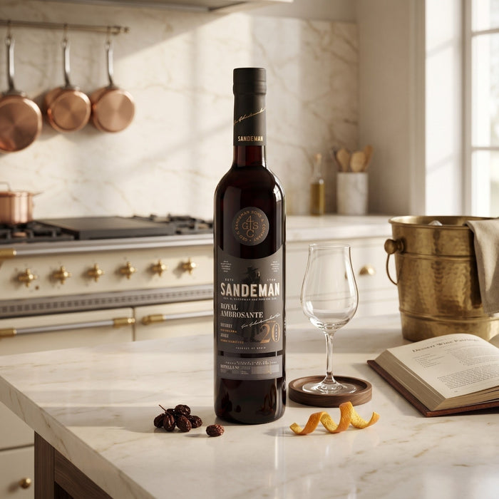 Sandeman Royal Ambrosante Pedro Ximenez 20 Year Old Sherry in a kitchen
