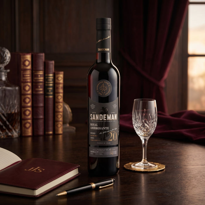 A bottle of Sandeman Royal Ambrosante Pedro Ximenez 20 Year Old Sherry with a crystal wine glass, a dark leather-bound notebook, and a black pen on a dark wooden table, set against a background of books and a deep red curtain.