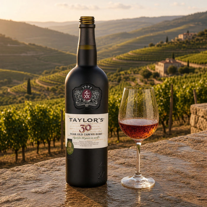 A bottle of Taylor's 30 Year Old Port stands on a stone surface beside a filled wine glass, with a scenic vineyard landscape in the background at sunset.