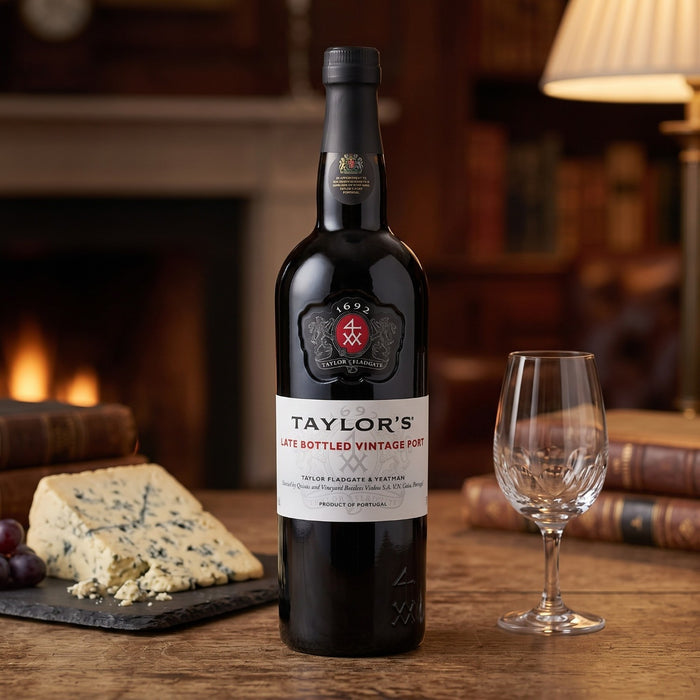 A bottle of Taylor's Late Bottled Vintage Port wine stands on a wooden table in a warm, cozy room setting with a wine glass and cheese on a slate board nearby.
