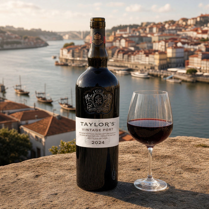 Taylor's Vintage Port 2024 with a view of Porto.