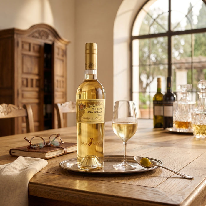 Tio Pepe Una Palma Saca Fino Sherry InGlass With Olives