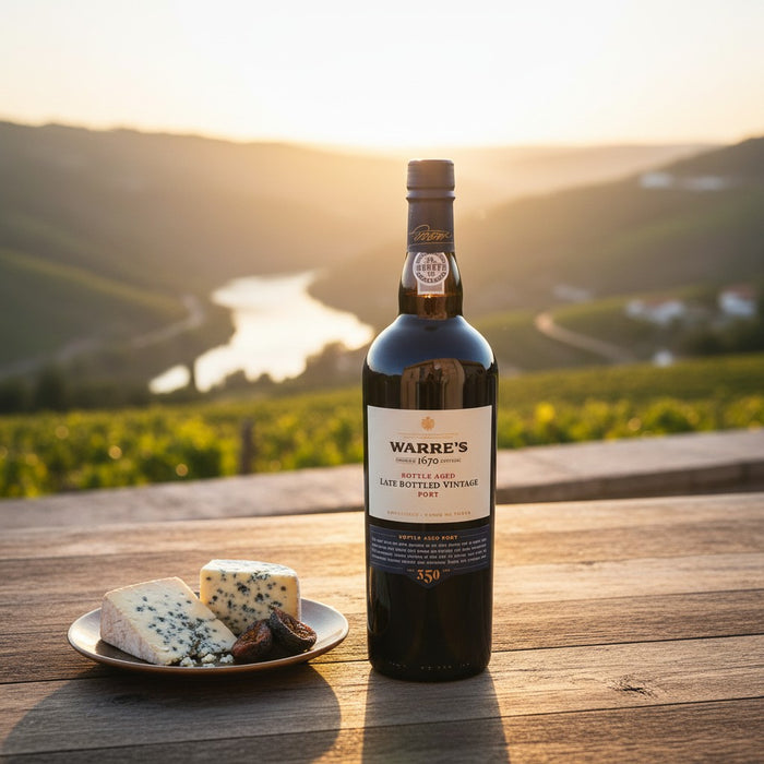 Bottle of Warre's Port wine with a plate of cheese on a wooden table with a scenic background