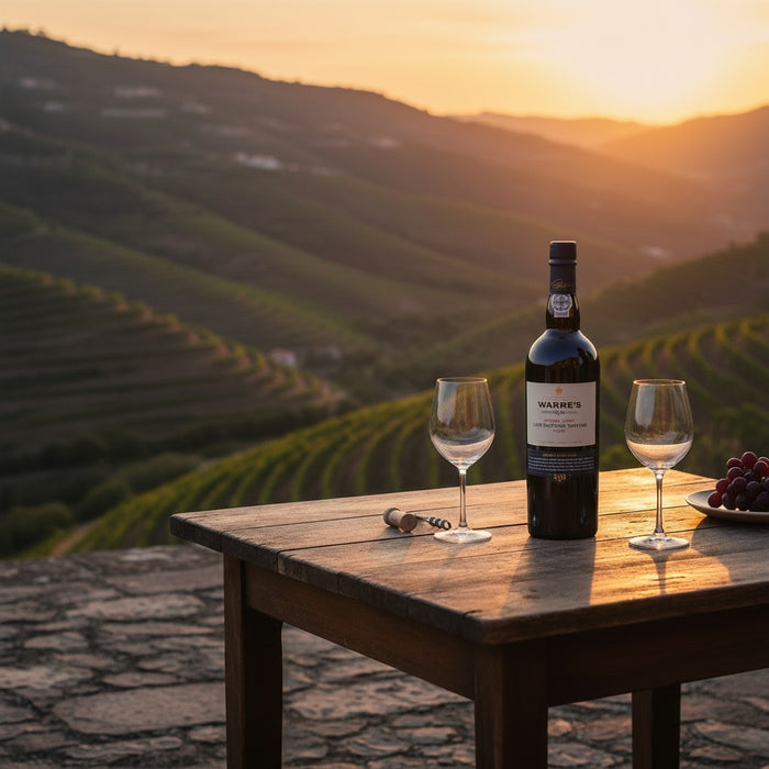 Wine bottle and glasses on a wooden table with vineyard and sunset in the background