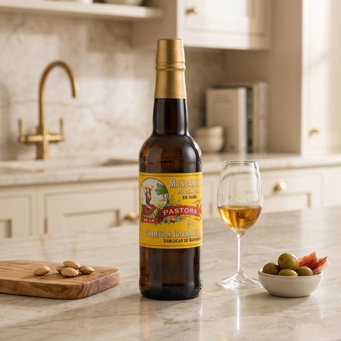 Barbadillo Manzanilla Pasada En Rama De La Pastora Sherry On Marble Countertop In Kitchen
