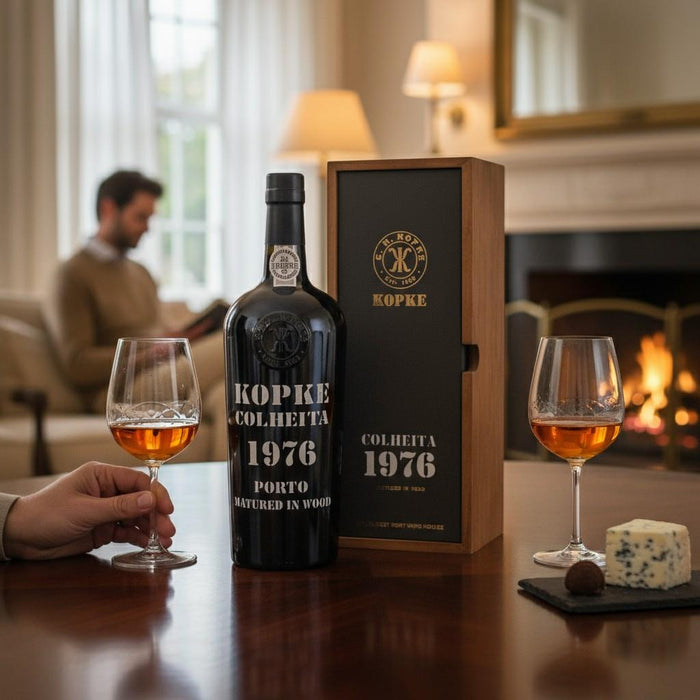 Kopke Colheita Port 1976 In Wooden Gift Box & Two Glasses