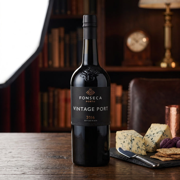 A bottle of FONSECA PORT Vintage Port 2016 stands on a wooden table in a warm, dimly lit room with bookshelves, a chair, and cheese and crackers on a slate board nearby.