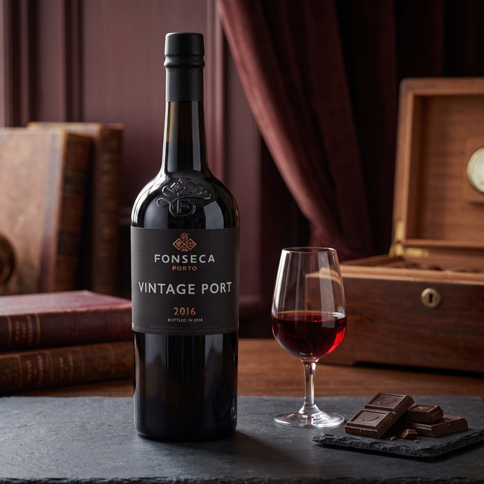 A bottle of FONSECA PORT Vintage Port 2016 stands on a dark stone surface beside a filled wine glass, with chocolate pieces and a wooden box in the softly blurred background.