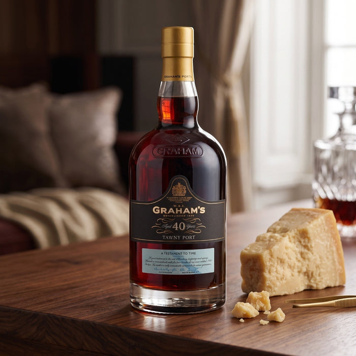 A bottle of Graham's 40 Year Old Tawny Port with hard cheese