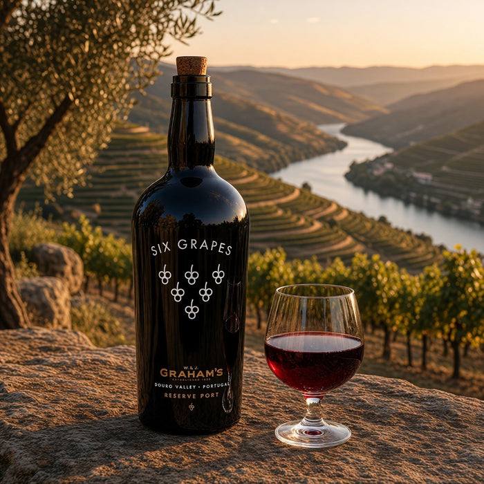 A bottle of Six Grapes Graham's Reserve Port wine stands on a stone ledge beside a glass of port with a scenic view of a winding river and vineyard terraces in the background during golden hour.