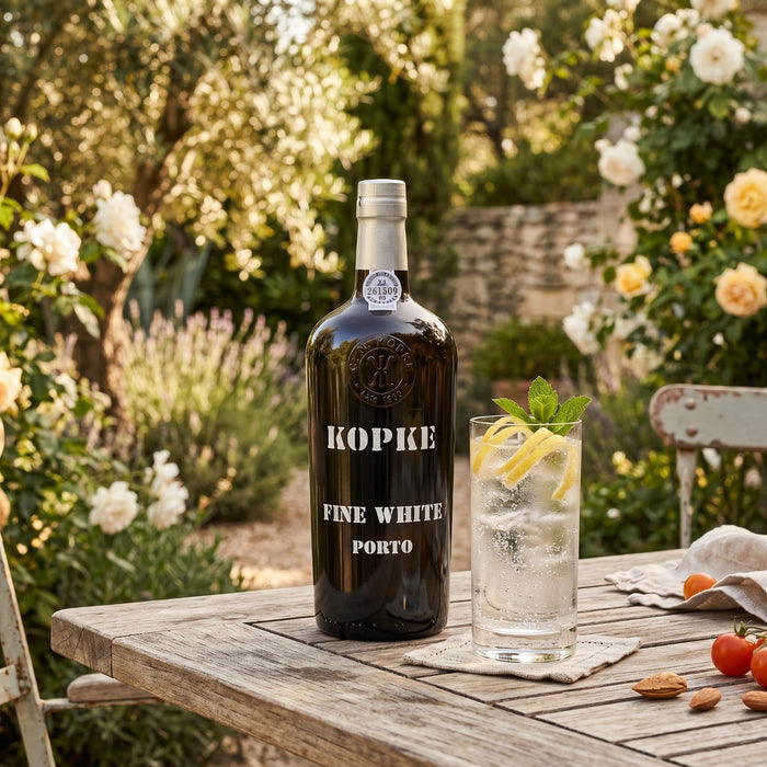 Kopke Fine White Porto bottle on a wooden table with a glass of water and lemon slices in a garden setting.