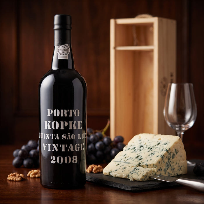 Kopke Quinta Sao Luiz with a wedge of blue cheese, grapes, and walnuts