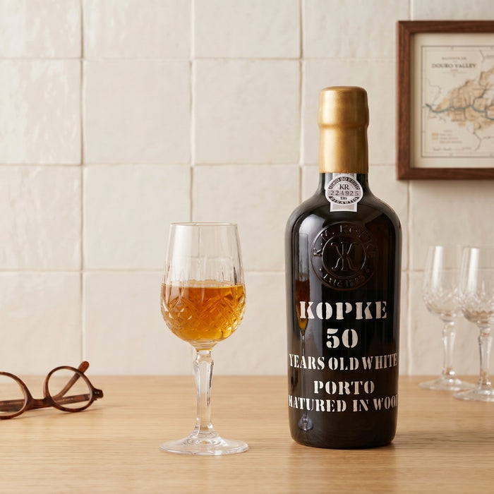 Kopke 50 Years Old White Porto bottle with a glass of wine on a wooden table.
