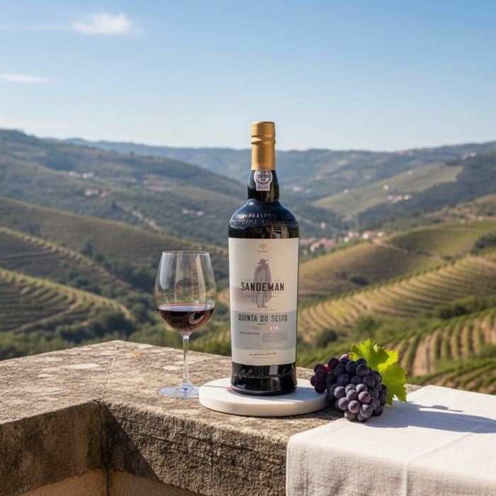 Wine bottle with a glass and grapes on a ledge with vineyard view