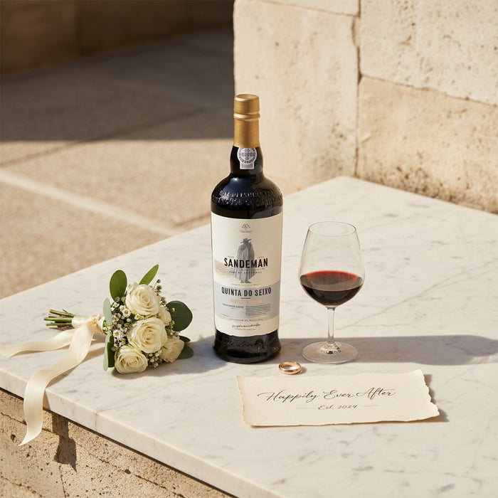 Bottle of Sandeman Port wine with a glass, bouquet, and card on a stone surface.