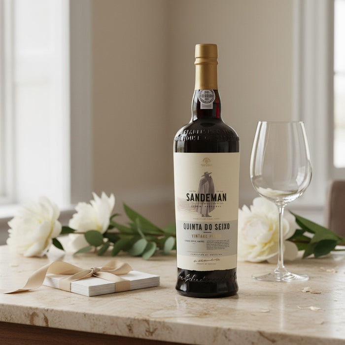 Sandeeman wine bottle on a table with a glass and flowers in the background