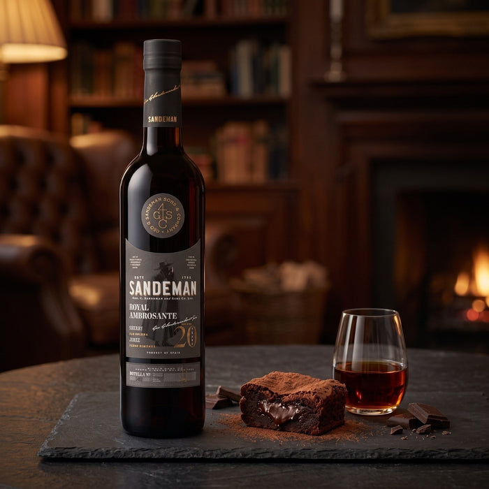 A bottle of Sandeman 20YO PX Sherry with chocolate garnish, displayed on a slate board next to a glass of the amber liquid, a chocolate brownie, and chocolate pieces, set against a warm, blurred background of a cozy living room with a fireplace.