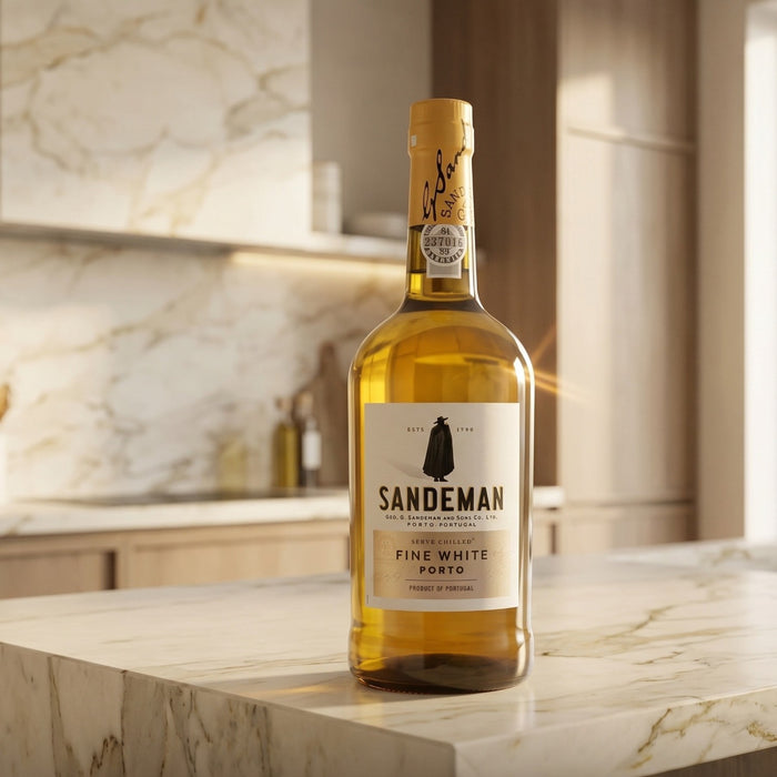 Bottle of Sandeman Fine White Porto wine on a marble countertop with a kitchen background.