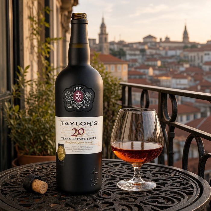A bottle of Taylor's 20 Year Old Tawny Port stands on a wrought-iron balcony table beside a filled crystal glass of the amber wine, with a cork resting nearby and a blurred cityscape in the background.