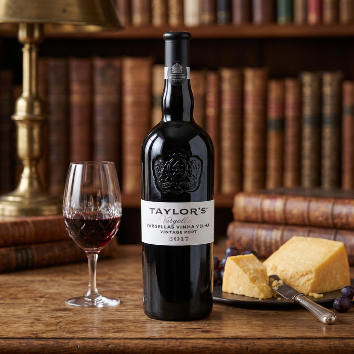 A bottle of Taylor's Vintage Port stands on a wooden table beside a filled wine glass, cheese wedges, grapes, and stacked vintage books, with a lamp in the background.
